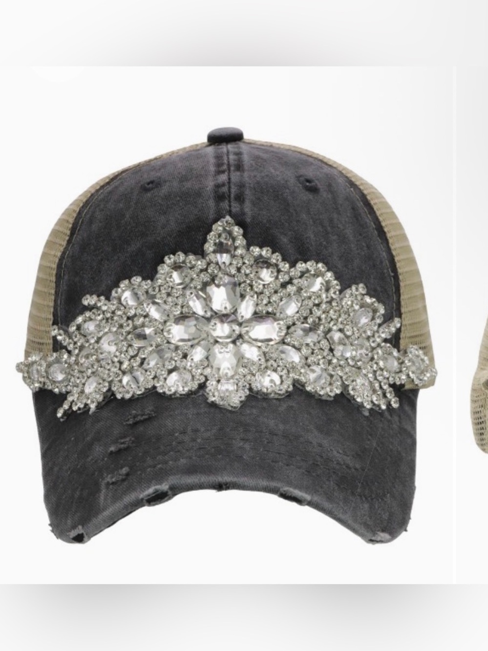 COMING SOON- Embellished Distressed Baseball Cap - Black with Crystal Accent